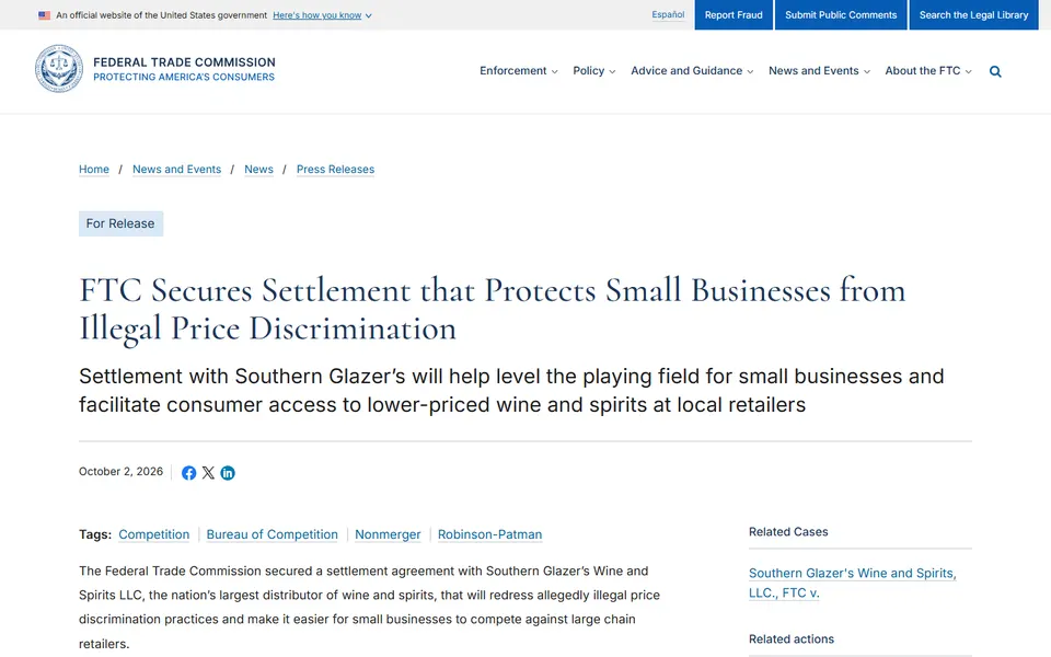 FTC press release page announcing a settlement protecting small businesses from illegal price discrimination.